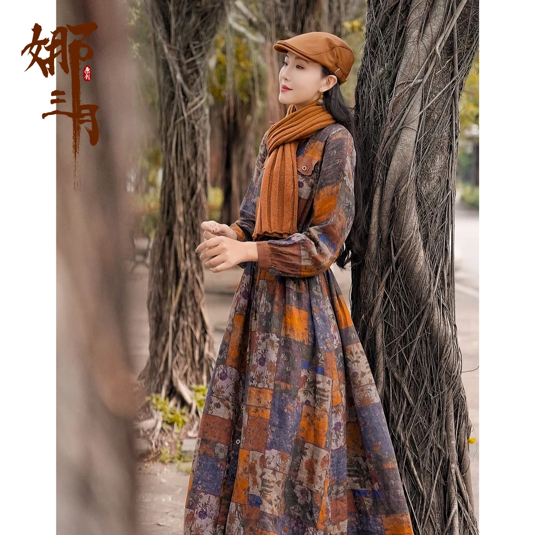 娜三月【渲染油画】小青复古油画植物染双层长裙32451连衣裙XP