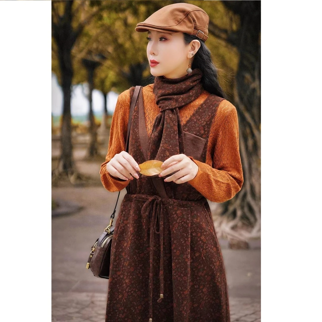 娜三月【草木染】腔调穿搭复古背心裙秋冬碎花背带裙960(升级版)XP