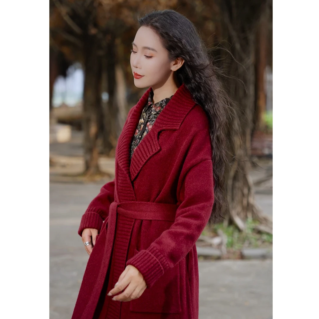 【草木染】复古秋冬气质带口袋经典百搭大衣外套洋气（红色）XYL