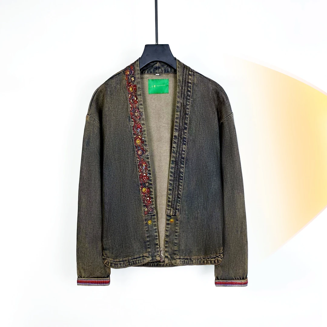 娜三月【大宝推荐】小青女神手工刺绣弹力牛仔外套CR318一1复古XP