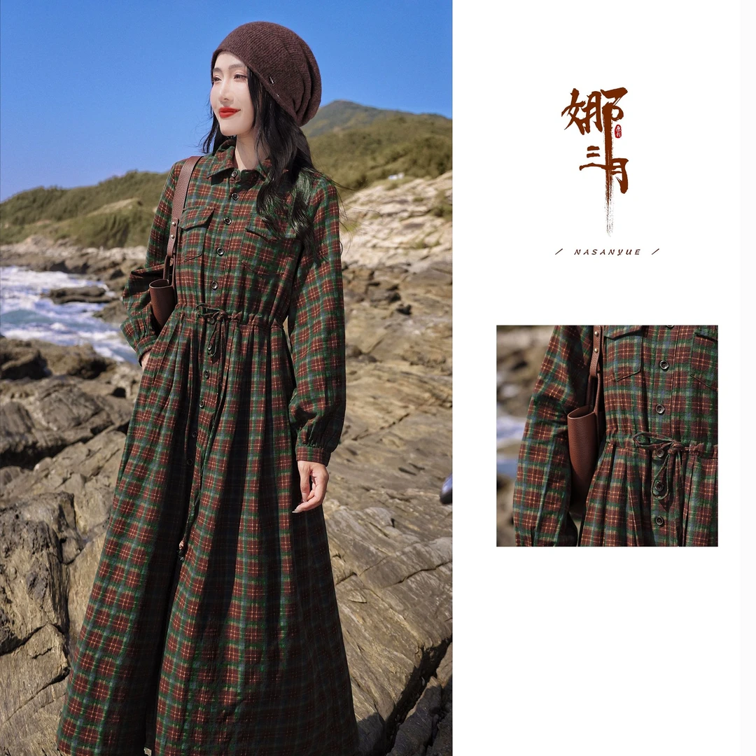 【 文艺田园】秋冬复古时尚减龄厚款格子连衣裙88808
