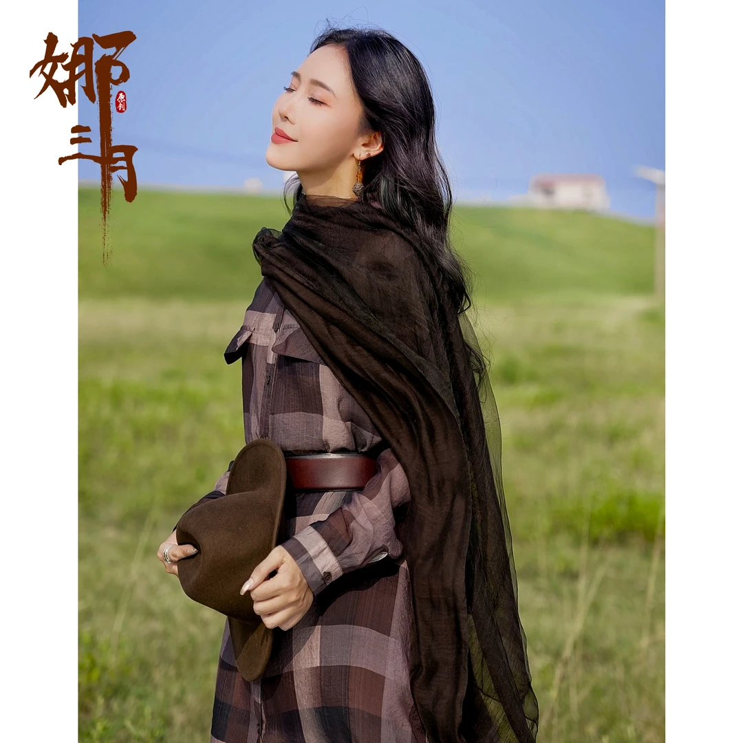 娜三月【草木染】复古文艺格子长衬衫99289休闲格纹（四季可穿)XP