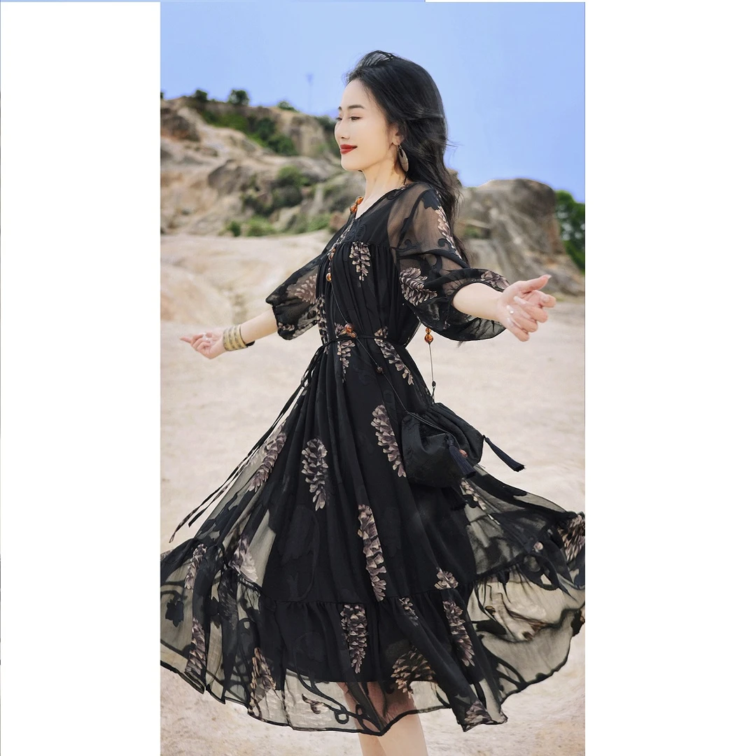 娜三月【旋转裙裙子】飘逸提花显瘦气质两件套旋转裙68736夏季XYL