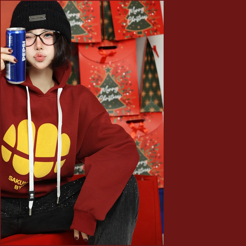 红色本命年衣服SAKUN韩系秋冬装连帽卫衣加厚女情侣立体发泡-MM