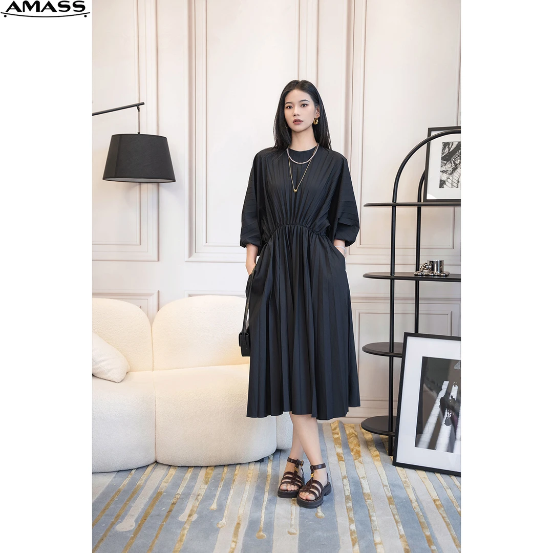 AMASS/阿玛施夏季新款圆领套头灯笼袖气质法式收腰连衣裙 5500511