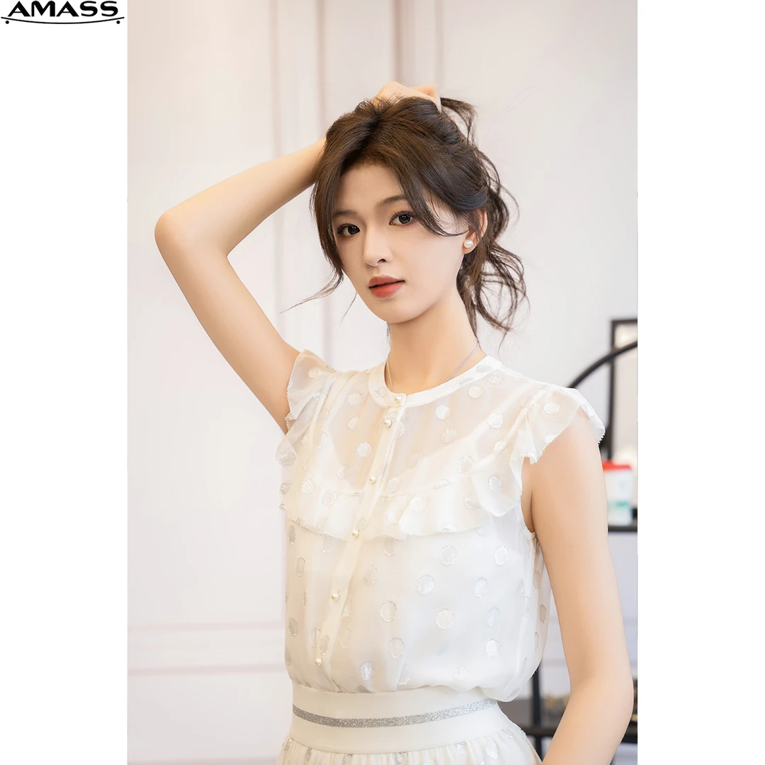 AMASS/阿玛施新款气质白色时尚显瘦无袖设计感女装衬衣   5300478