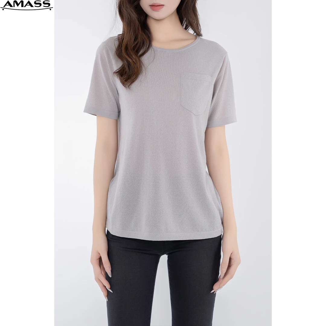 AMASS/阿玛施经典休闲通勤打底圆领百搭纯色短袖口袋T恤女5399423