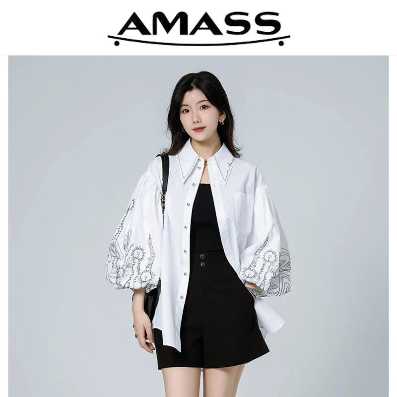 AMASS/阿玛施夏季新款宽松藤蔓绣花设计七分泡泡袖白衬衫 5300896