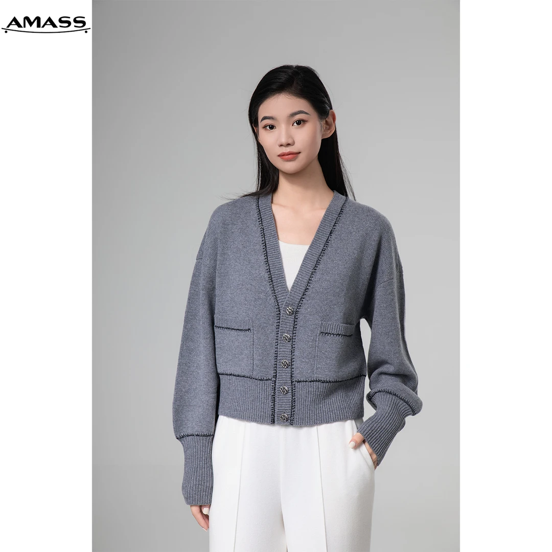 AMASS/阿玛施秋冬新款学院风气质时尚撞色线条羊绒针织衫 5499225