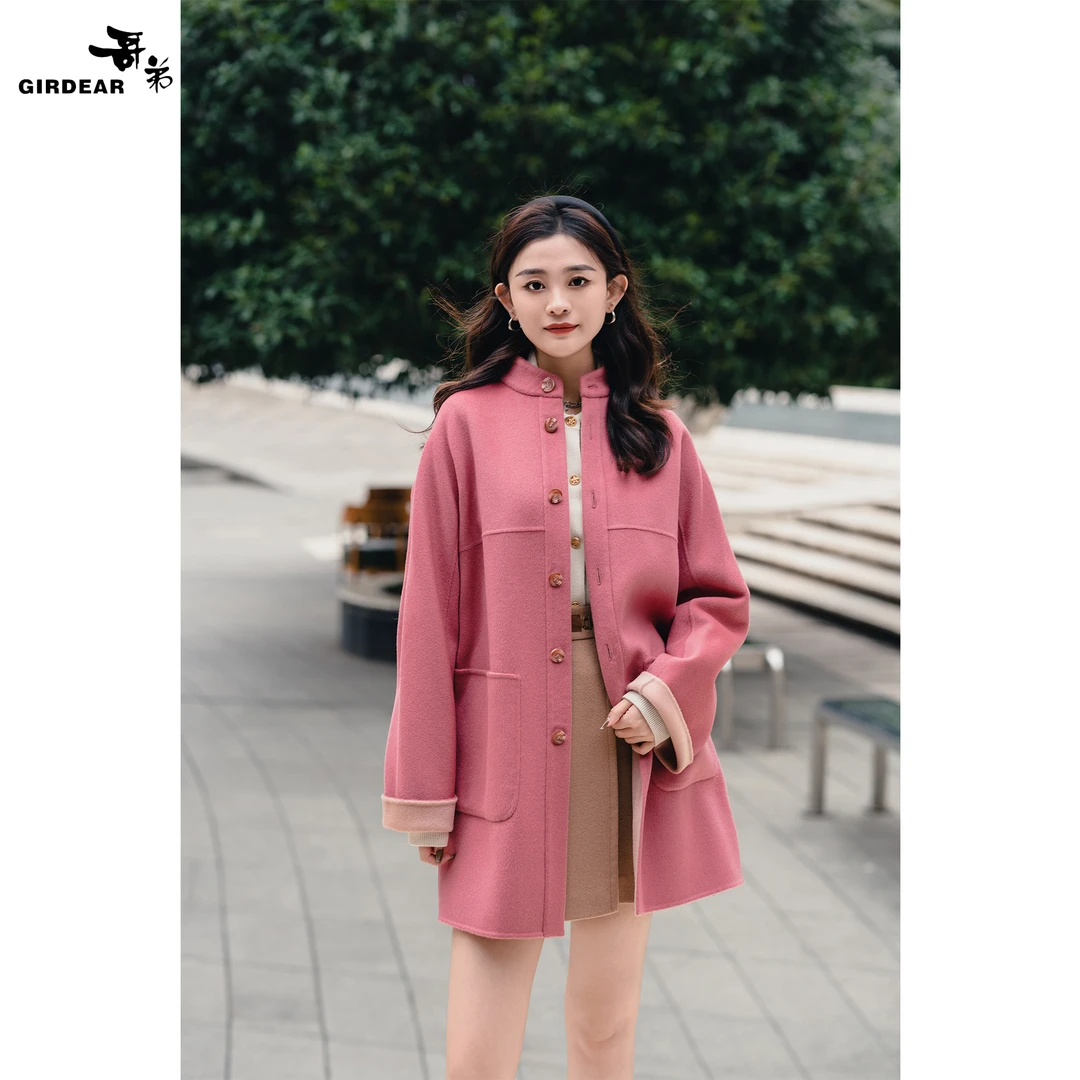 GIRDEAR/哥弟秋冬款气质宽松中长款时尚双面呢大衣外套女 1400713