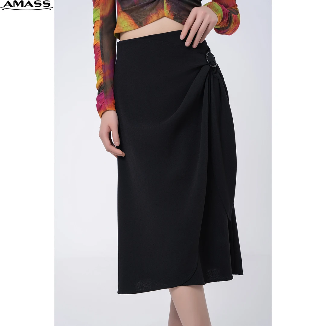 AMASS/阿玛施新款高腰气质黑色半身长裙扣环褶皱造型裙女 5200458