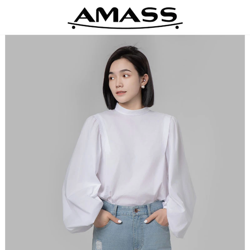 AMASS/阿玛施新款百搭宽松泡泡袖立领长袖时尚设计感衬衫 5300728