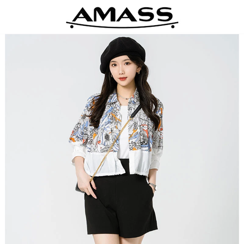 AMASS/阿玛施夏季百搭新款洋气印花七分袖抽绳修身衬衣女 5300919