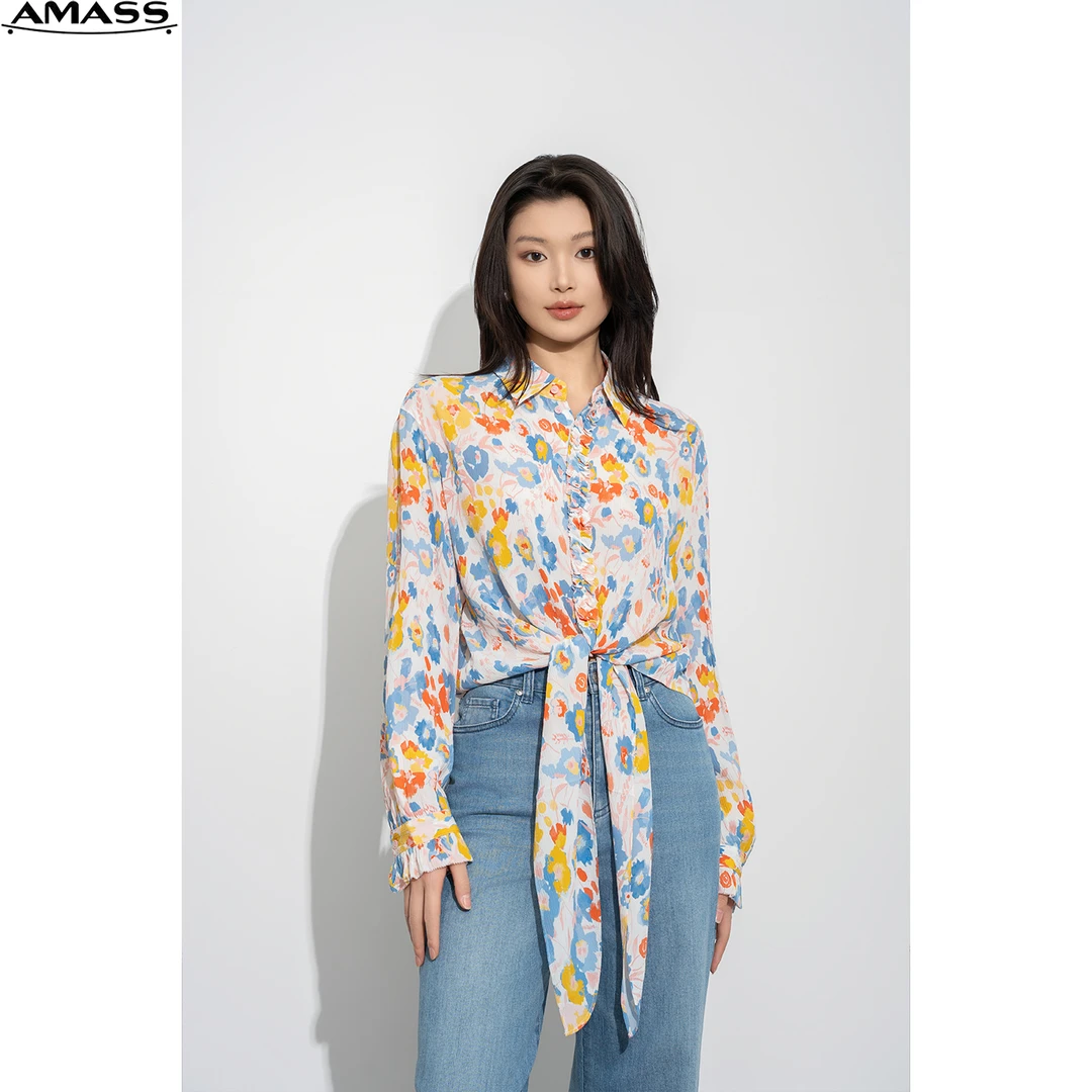 AMASS/阿玛施春夏新款显瘦印花短款长袖碎花衬衫气质花色 5300285