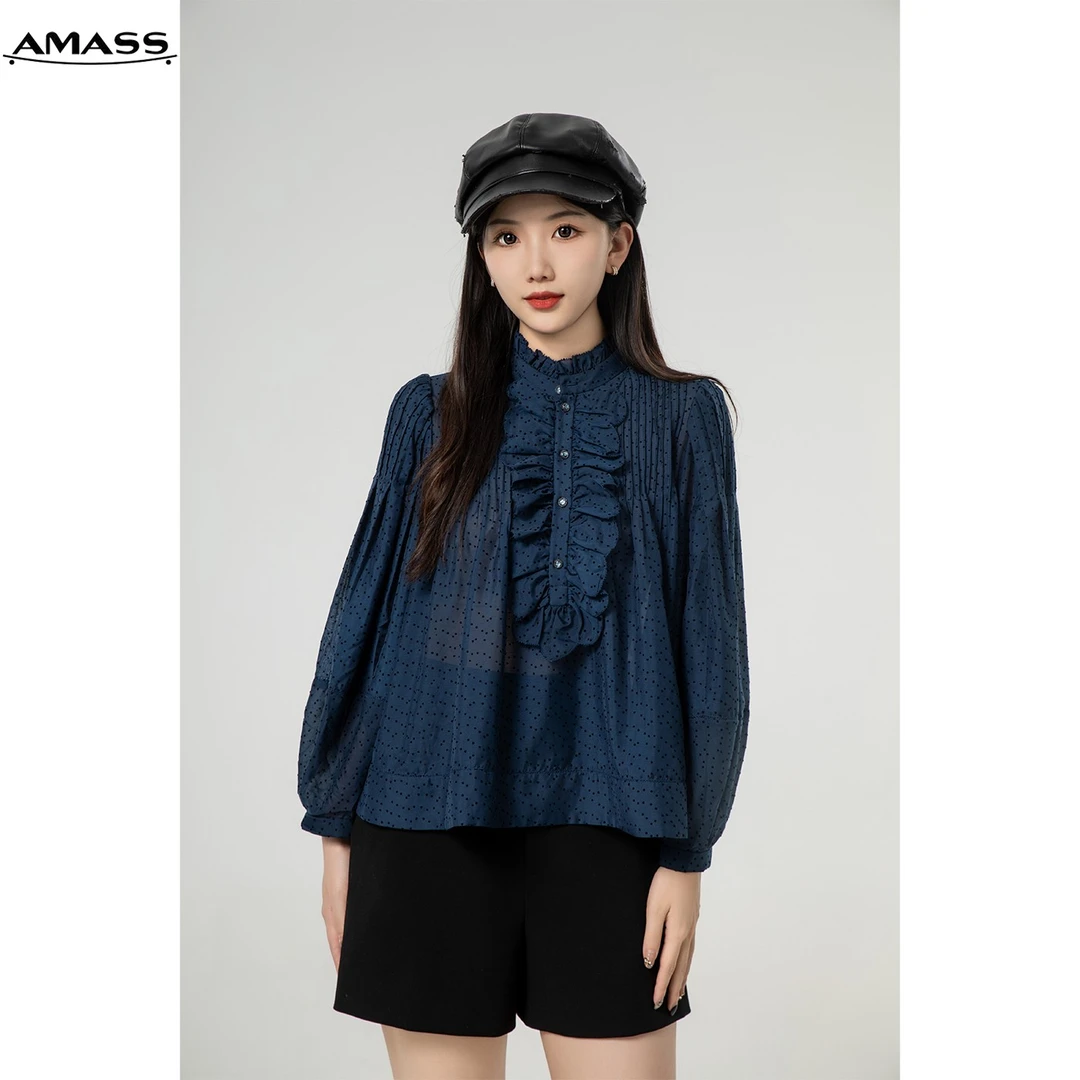 AMASS/阿玛施千金风秋季新款气质蓝色波点复古花苞袖衬衫 5301043