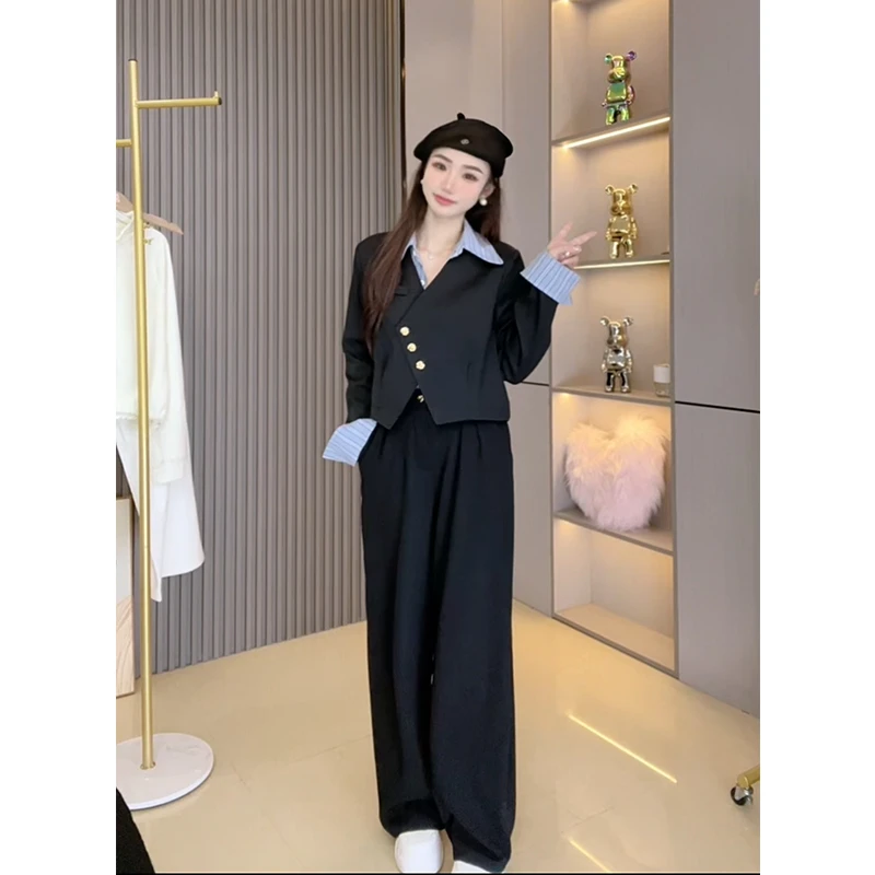 9360-春秋新款设计师款条纹拼接高级感显瘦外套两件套装女DD001