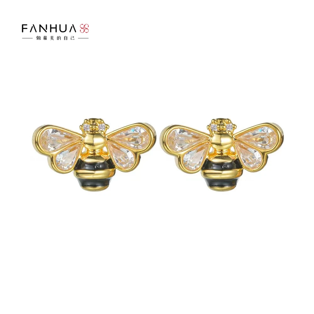 铜合金合成锆石耳饰 1598通勤超闪锆石镶嵌珐琅釉彩绘可爱蜜耳钉