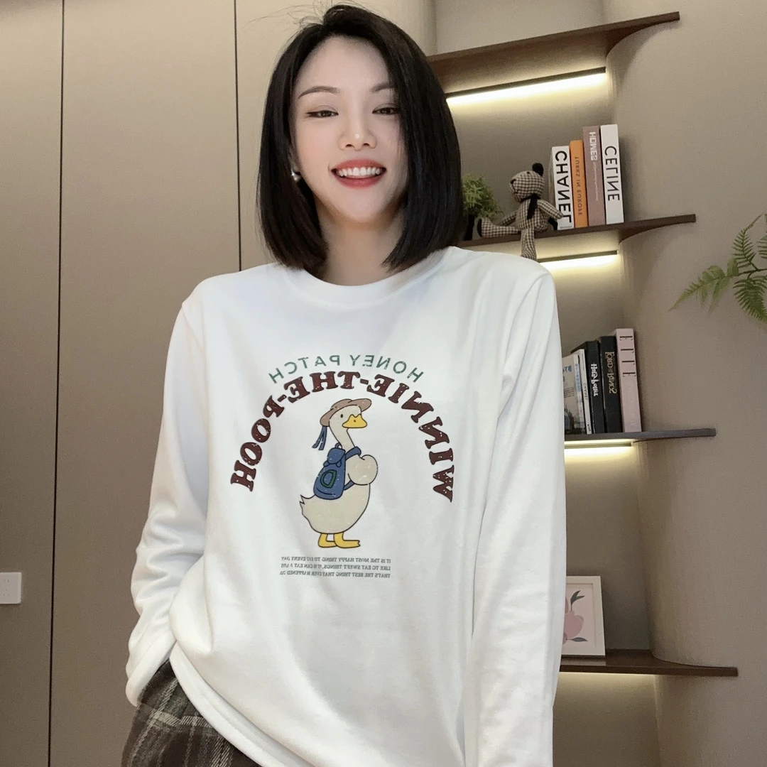 秋冬小书包鸭印花绒感百搭长袖圆领T恤3-10-29