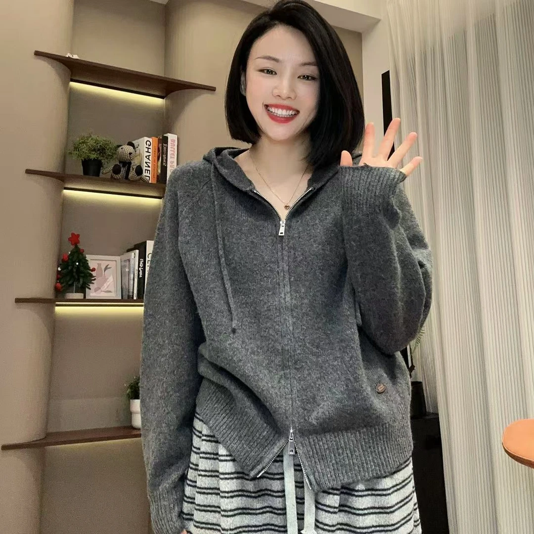 冬季雪花绒羊毛连帽拉链毛衣针织开衫4-12-8