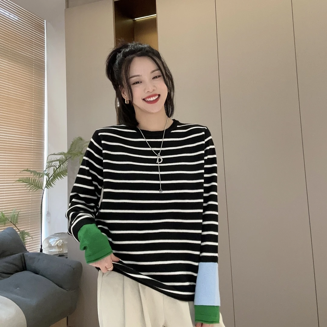 早秋袖口撞色拼接圆领横条纹长袖针织衫3-8-6