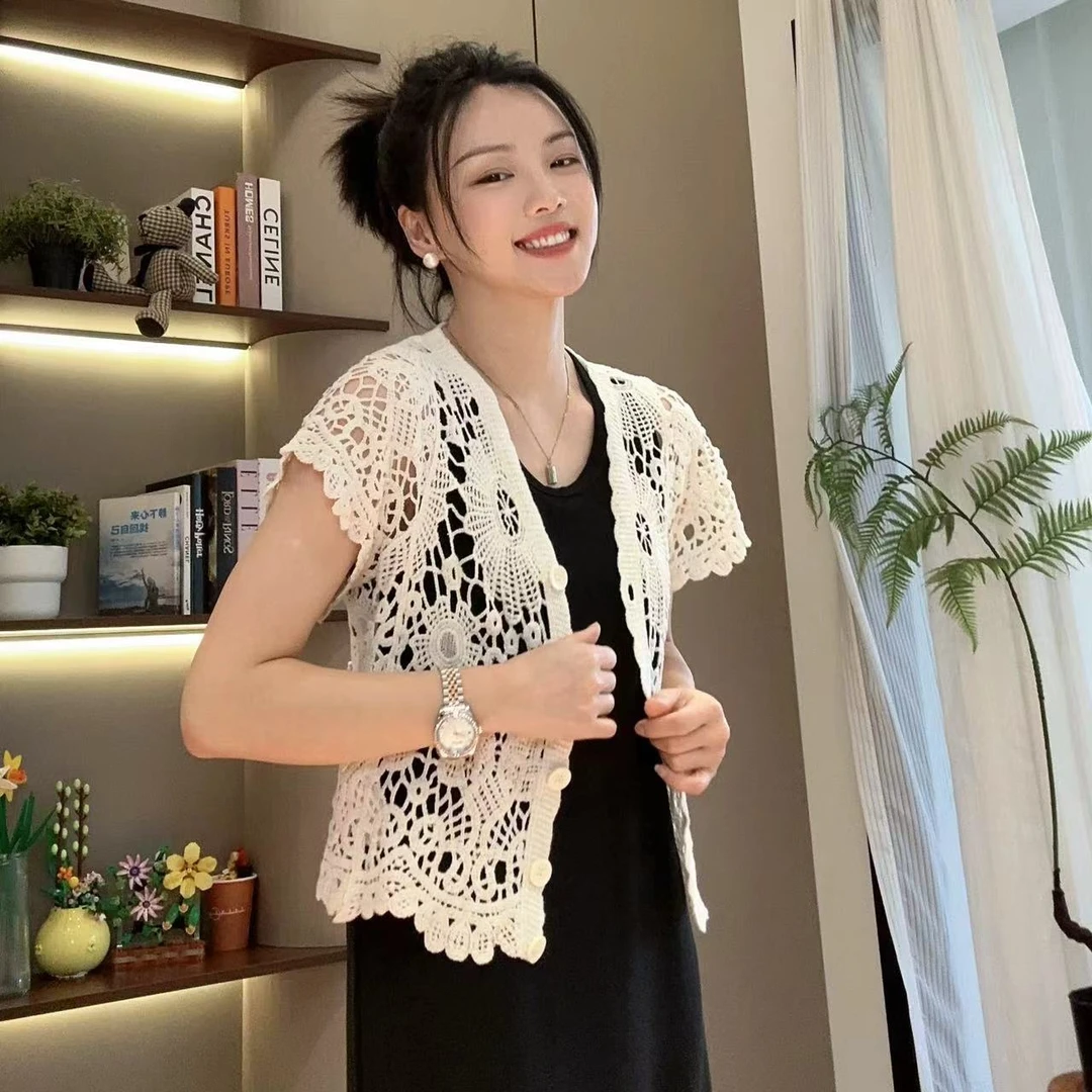 夏季钩花镂空短袖罩衫针织衫开衫4-5-10