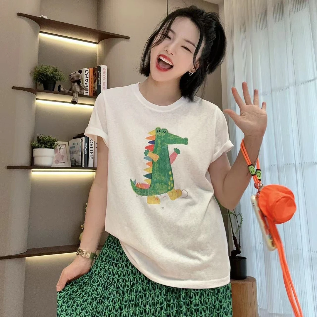 夏季油画小恐龙雪花棉短袖T恤4-7-3