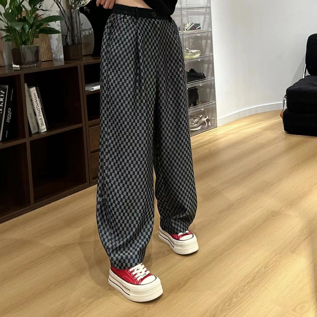 春季潮酷格纹直筒阔腿松紧腰休闲裤4-3-6