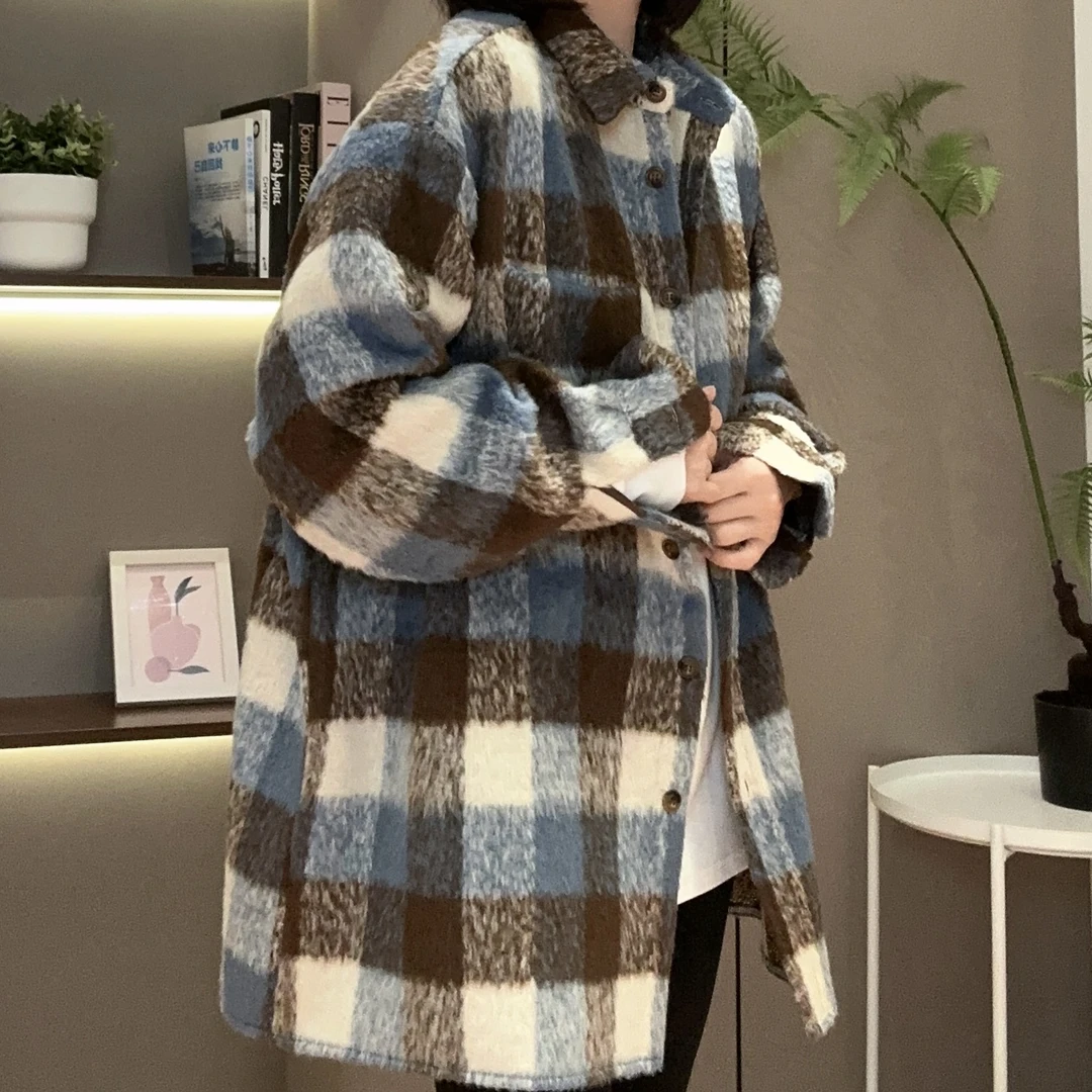 秋冬蓝色毛呢格子撞色格纹衬衫开衫外套3-10-19