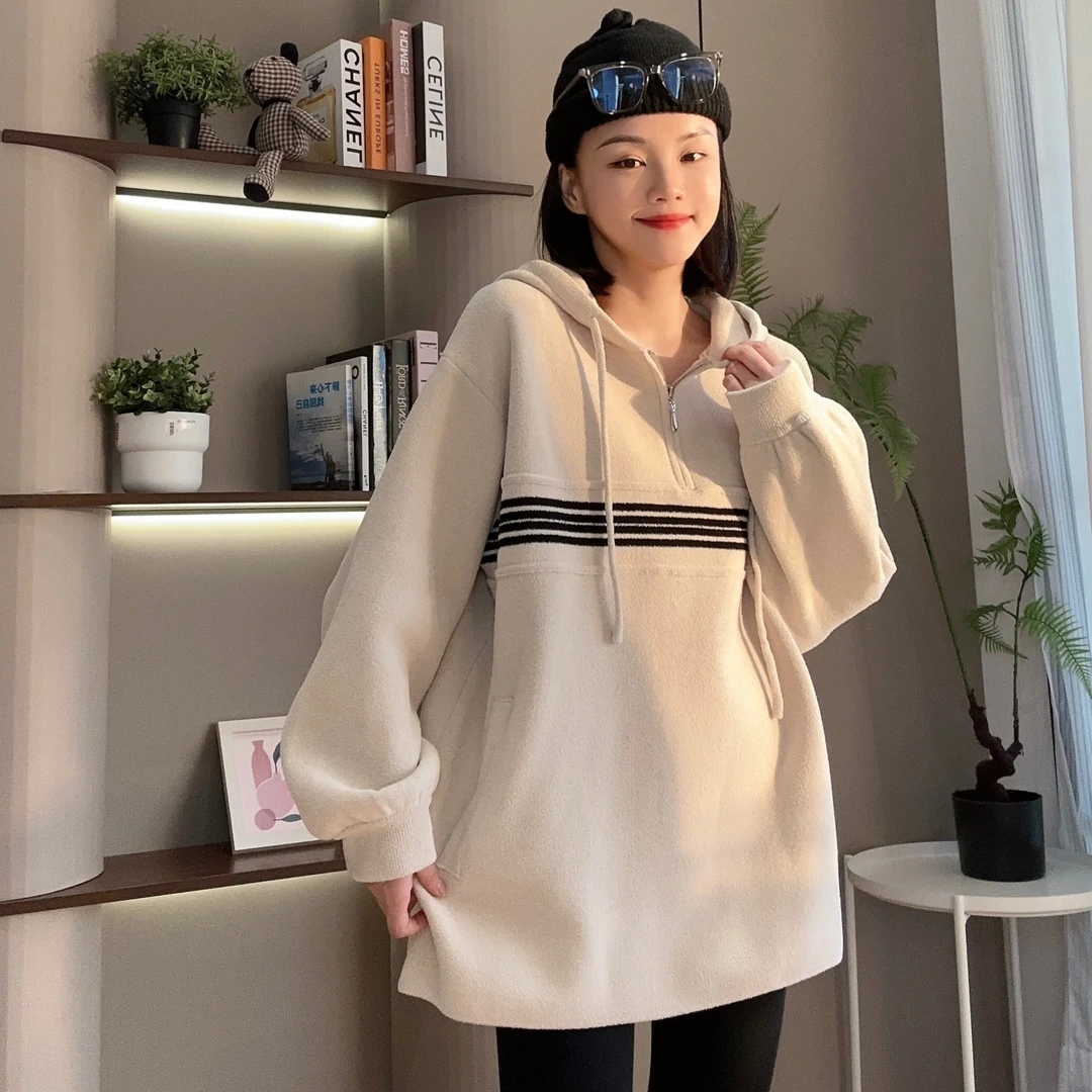 秋冬胸口条纹半拉链连帽抽绳毛衣针织衫3-11-25