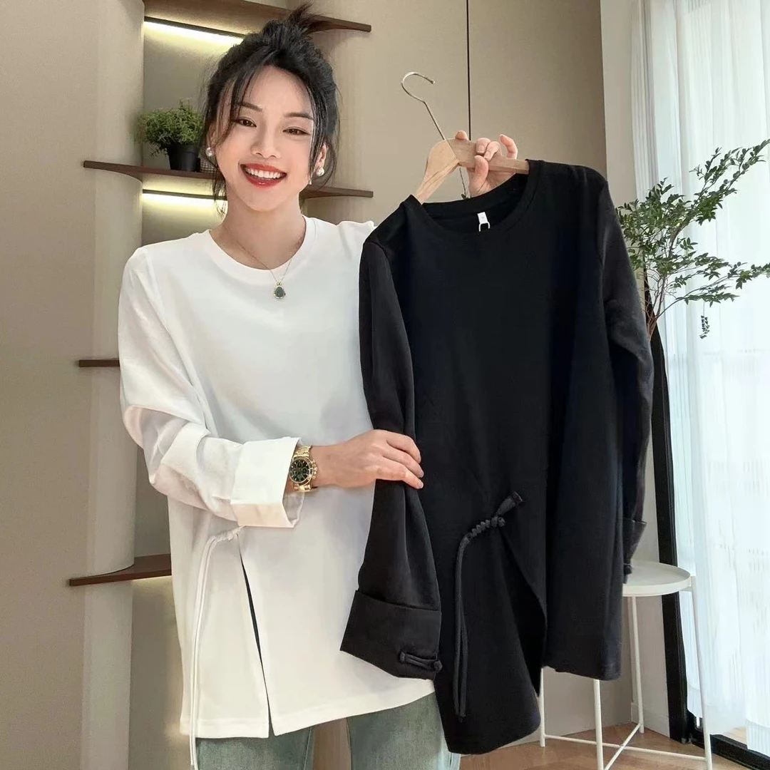 春季侧开叉国风拼接新中式长袖T恤4-3-13