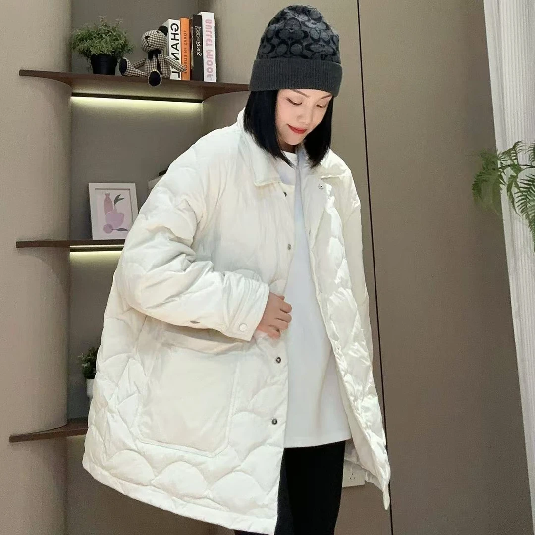 冬季初雪翻领鱼鳞绗缝中长款轻薄羽绒服4-11-3