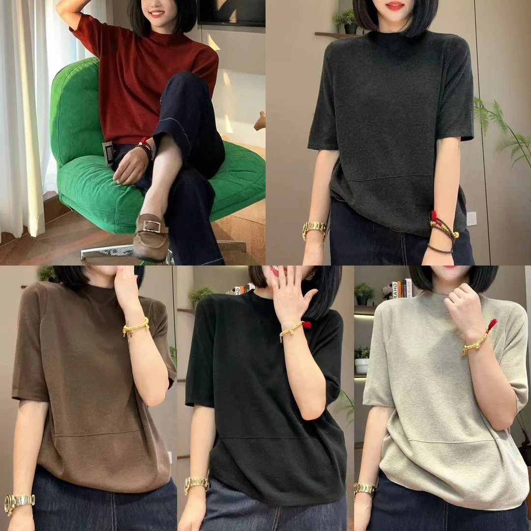 秋季知性大姐姐高级感优雅中袖中领针织衫4-8-28