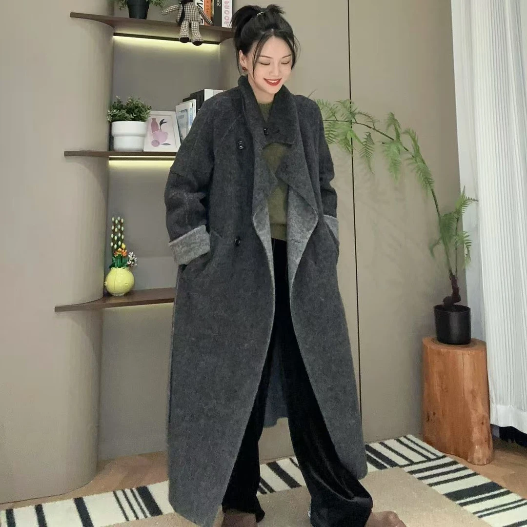 冬季金敏喜腰带撞色两面色宽松羊毛大衣4-11-20