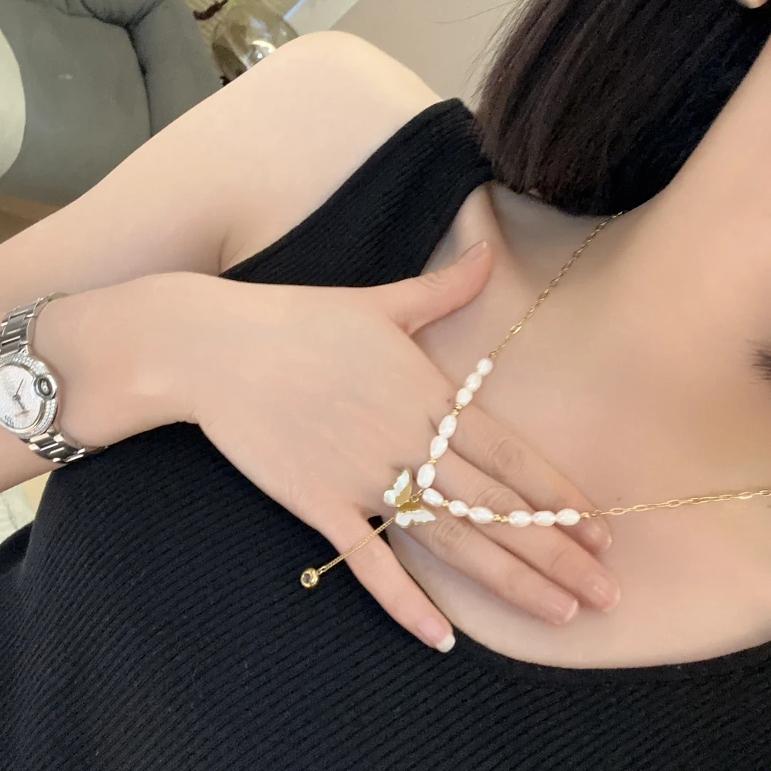 钛钢贝珠项链 蝴蝶珠珠贝石法式流苏项链3-5-26吊坠