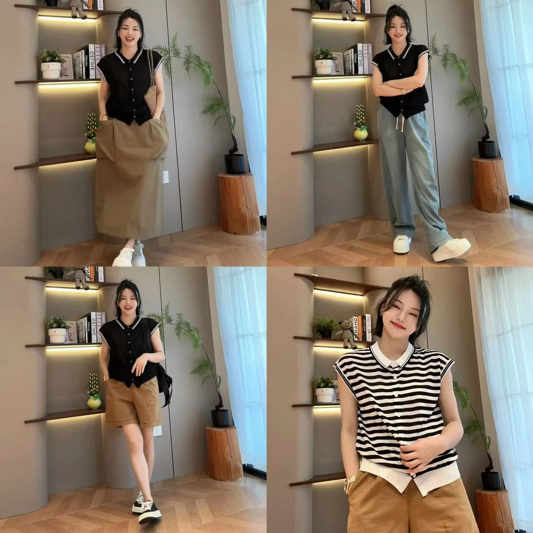 夏季Polo领条纹单排扣小飞袖针织衫T恤4-7-5