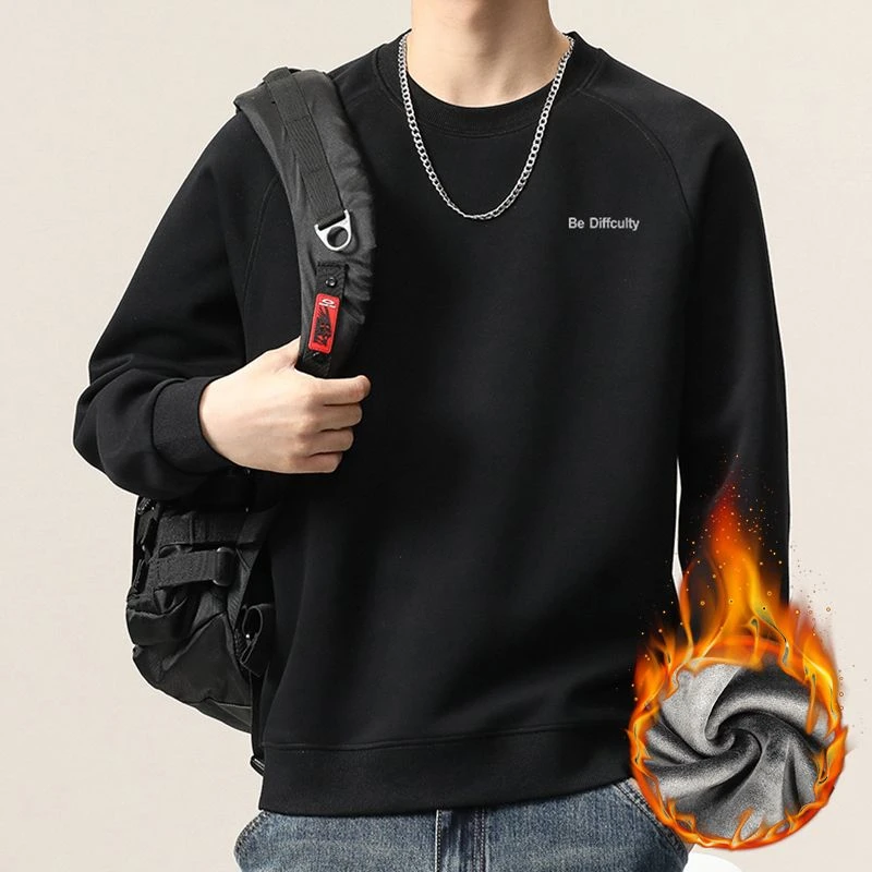 秋冬新款爆款加绒保暖百搭休闲时尚潮流圆领牛角袖男士加绒卫衣