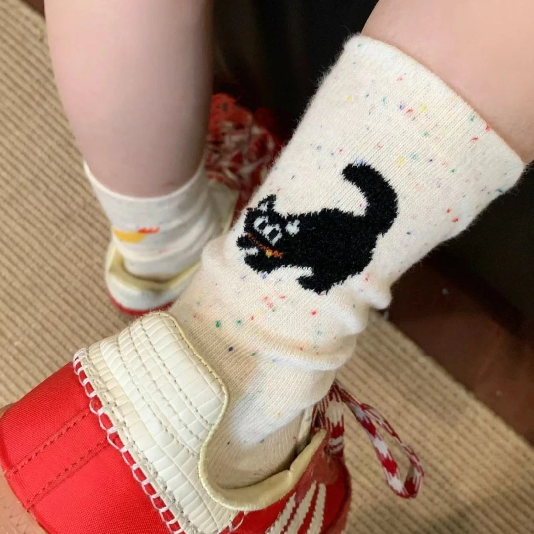 日系可爱卡通猫猫天妇罗袜子女学院风中筒袜少女心简约百搭堆ayds