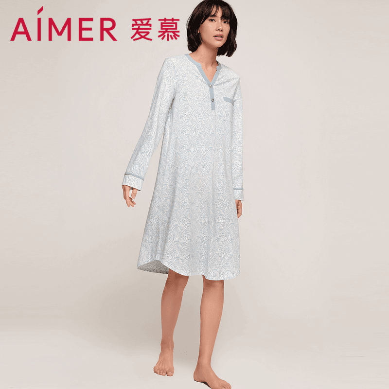 爱慕舒棉长袖秋季长春夏款春秋宽松睡裙时尚v领女士休闲AM446561