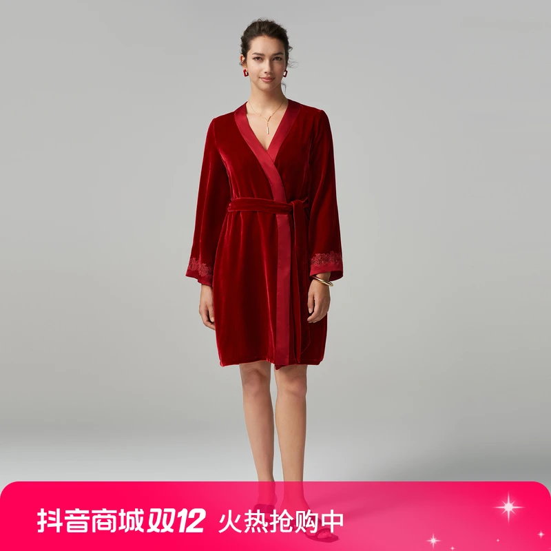 爱慕23好事将近睡袍家居服品牌女士晨袍高档中长款酒红AM489081