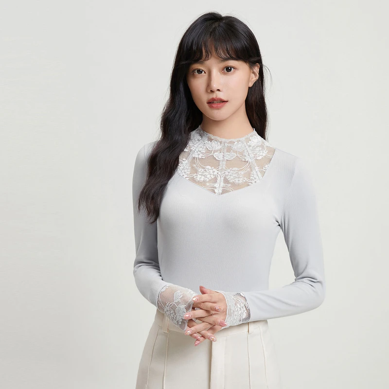 爱慕螺纹牛奶女士百搭打底秋冬修身针织薄款蕾丝长袖上衣AM726632