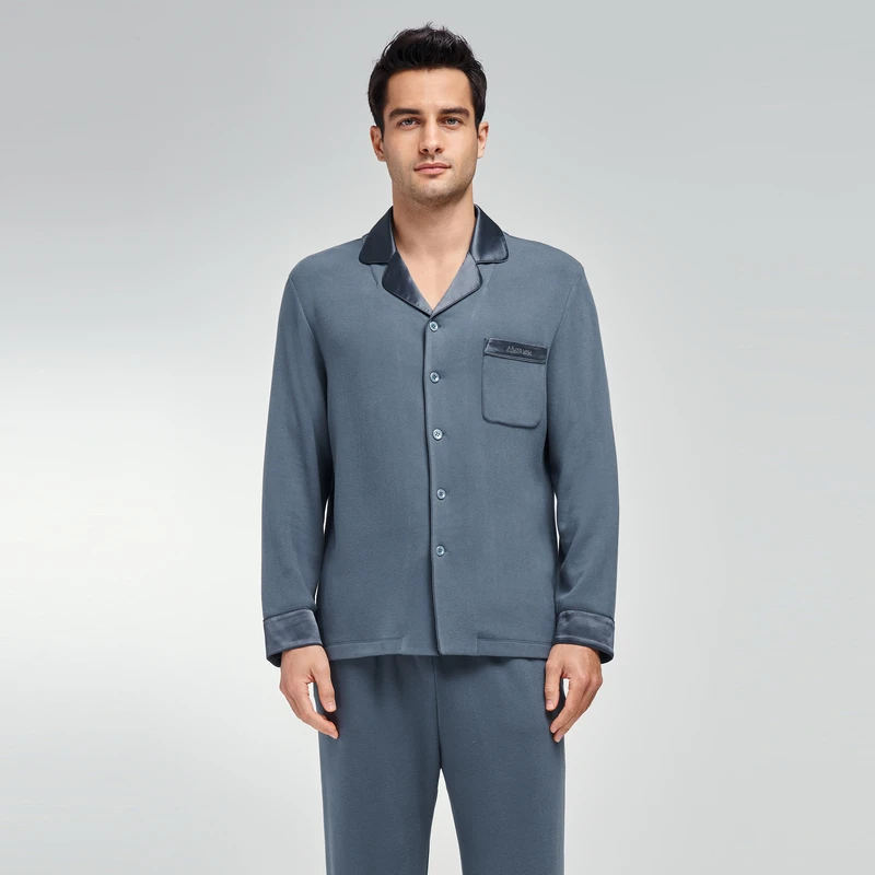 爱慕先生23AW亲肤暖丝家居男士翻领开衫舒适简约纯色长袖NS41K161