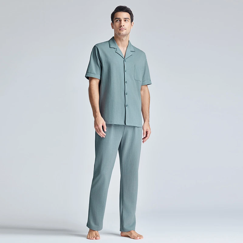 爱慕先生24SS天丝麻凉感家居套装翻领开衫短袖+长裤家居NS43L311
