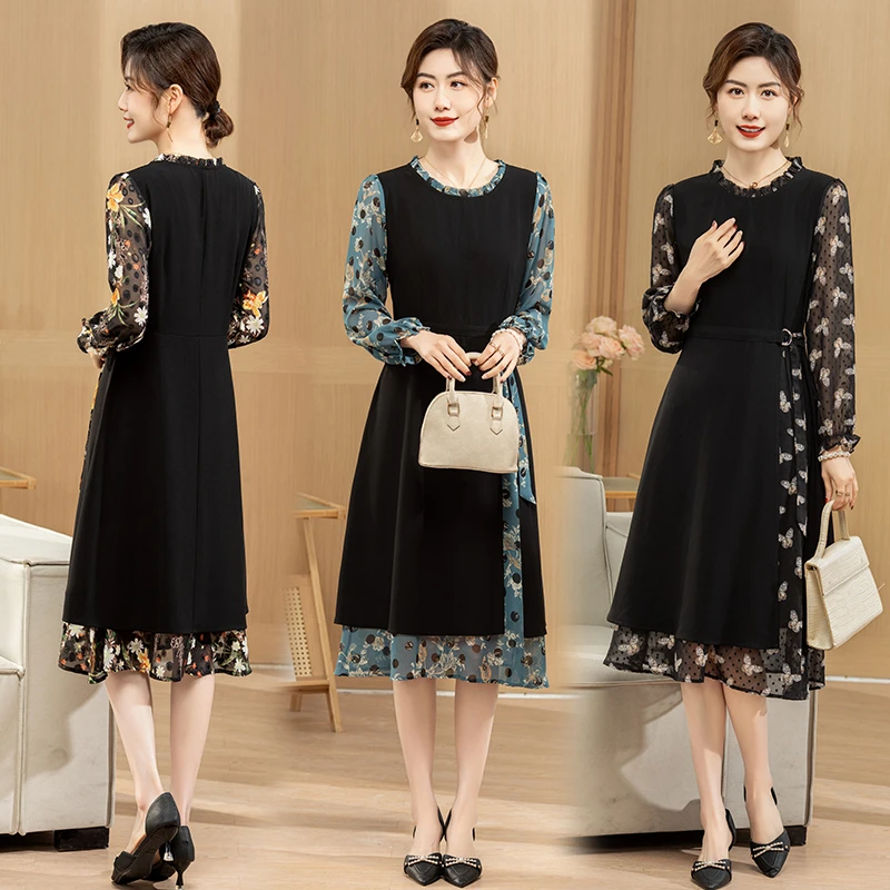 2024新款妈妈气质连衣裙长袖拼接两件碎花雪纺中老年女装显瘦裙子