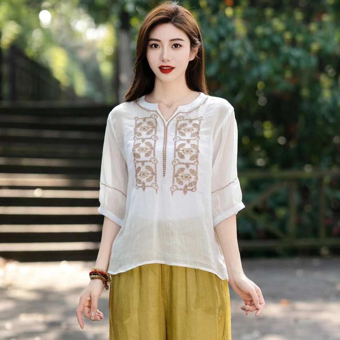 【当天发+退换包邮】刺绣V领绣花国风小衫夏季显瘦五分袖薄上衣448