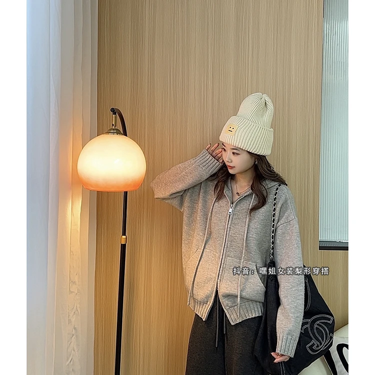 【交响曲】双拉链抽绳连帽针织开衫女春秋新款叠穿宽松显瘦外穿毛衣