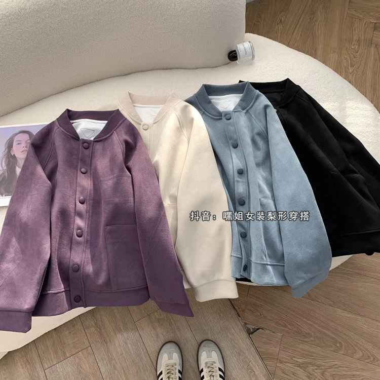 【元气】宽松显瘦休闲棒球服女春季新款圆领简约纯色洋气长袖短外套