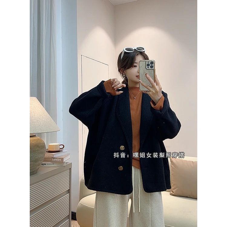 【赫本风】大翻领气质百搭双面绒感大衣外套女秋冬宽松显瘦毛呢上衣