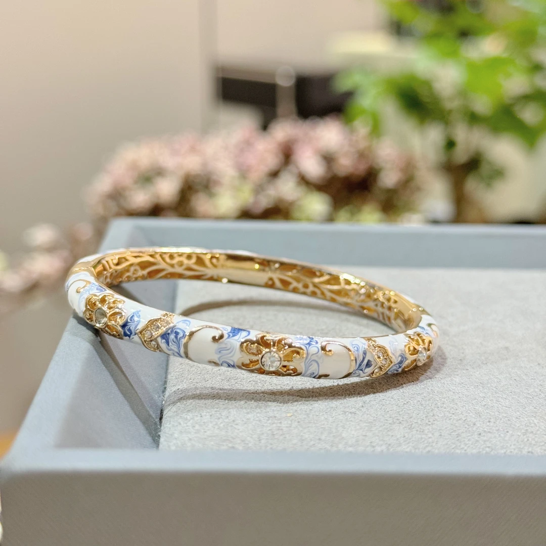 黄铜珐琅手镯 景泰蓝掐丝珐琅铜手镯女复古优雅青花瓷平安扣手镯