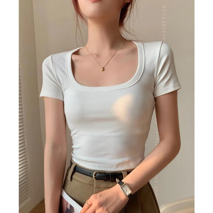 高棉正肩短款上衣辣妹装t恤打底衫白色百搭夏季修身紧身显瘦内搭