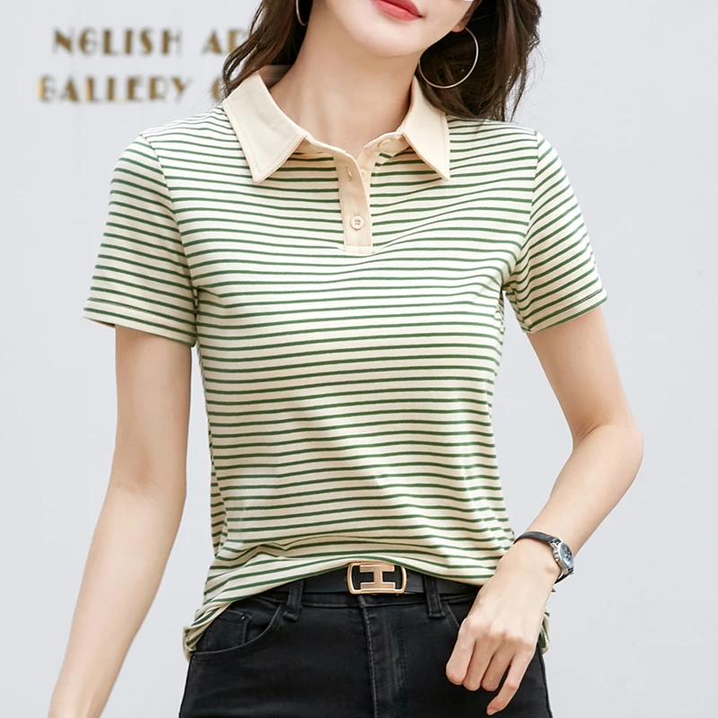 显瘦条纹短袖t恤女夏季新款宽松polo衫大码女士运动休闲翻领上衣